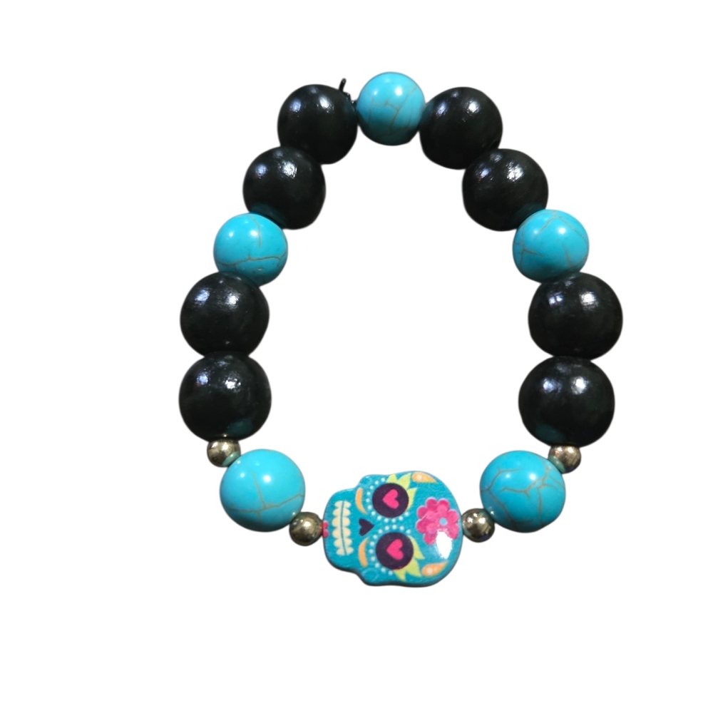 Turquoise & Black Sugar Skull Beaded Stretch Bracelet
